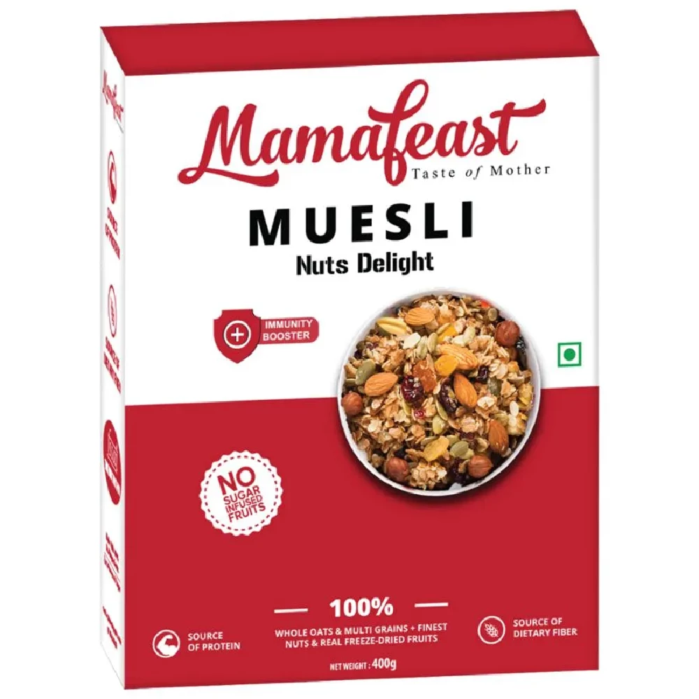 MAMAFEAST Muesli Nuts Delight - Whole Oats, Multigrains, No Sugar Infused Fruits, 400 g Box-1.webp